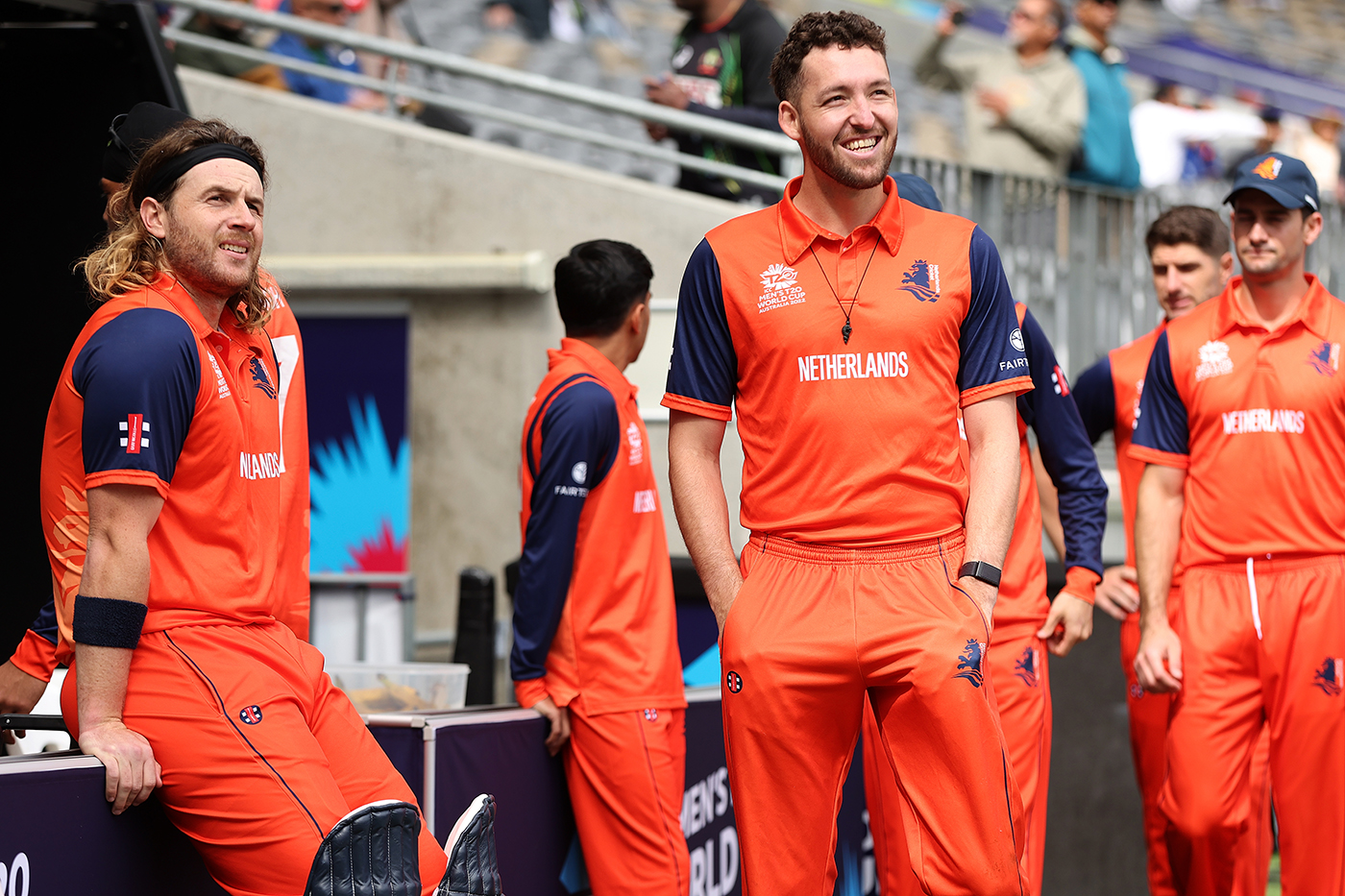 PERTH, AUSTRALIA - OCTOBER 30: Max O’Dowd and Paul van Meekeren of the Netherlands look on while waiting to take to the field before the national anthems during the ICC Men's T20 World Cup match between Pakistan and Netherlands at Perth Stadium on October 30, 2022 in Perth, Australia. (Photo by Paul Kane/Getty Images)